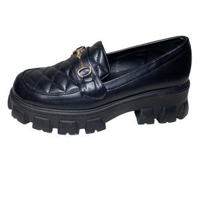 Glamorous chunky wide width women's slip on black faux leather loafers gold 7